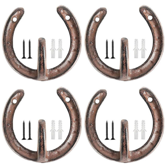 Quafochi 4PCS Cast Iron Horseshoe Wall Hooks, Heavy Duty Coat Hooks, Western Horseshoe Hanger, Vintage Rustic Farmhouse Hooks for Towels, Keys, Cowboy Hat, Bag