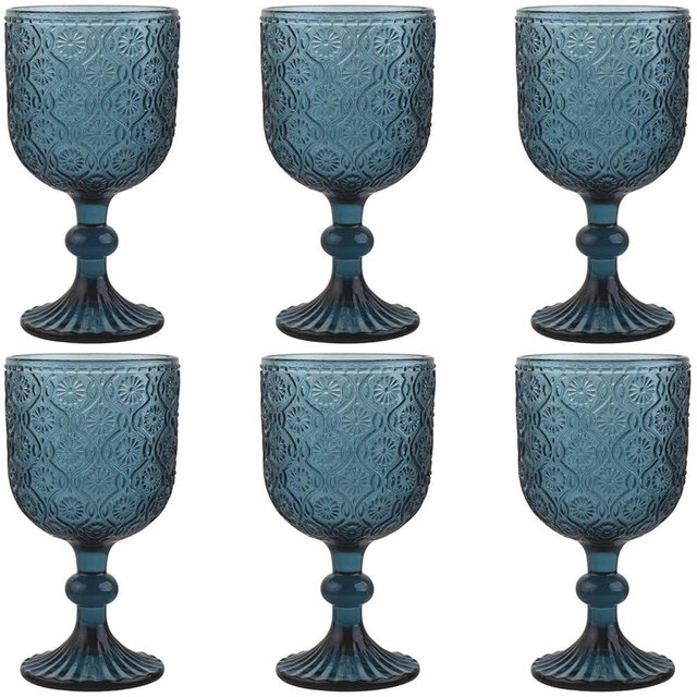 Taganov Blue Water Goblets Glassware Vintage Wine Glasses set of 6 Drinking Stemware 12 Ounces for Wedding Party Bar Floral Pattern 350 ml