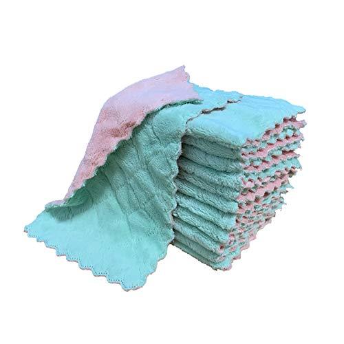 kimteny 12 Pack Kitchen Cloth Dish Towels, Premium Dishcloths, Super Absorbent Coral Velvet Dishtowels, Nonstick Oil Washable Fast Drying (Pink-Green)