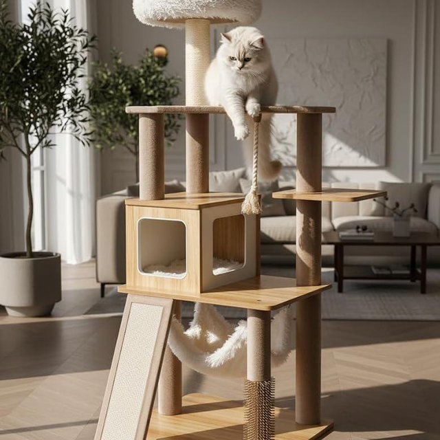 Purrlato 61" Modern Cat Tree Tower for Indoor Cats, Luxury Climbing Tower with Plush Lounge, Kitty Condos, Hammock & Scratching Posts, Classic cat Furniture