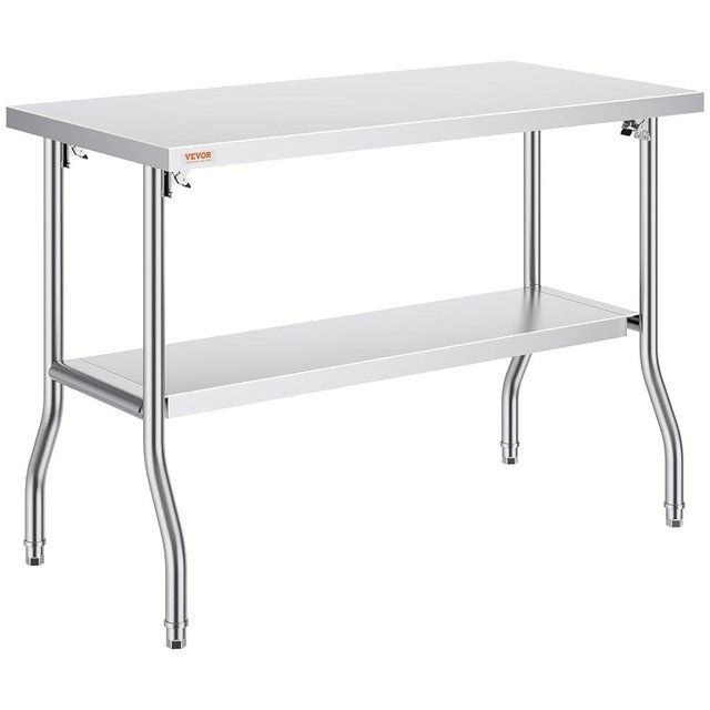 VEVOR Stainless Steel Foldable Work Table, 48 * 24 Inch Heavy Duty Food Outdoor Double Layer Stainless Steel Worktable for Commercial Kitchen Restaurant