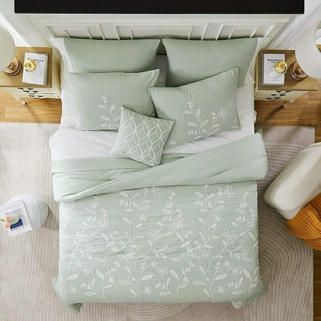 MaiRêve Green Comforter Set King 8 Piece, Embroidery Floral Farmhouse Bedding Set King, All Season Bedding Set with Comforters, Sheets, Pillowcases & Shams, Bed in A Bag King 8 Piece