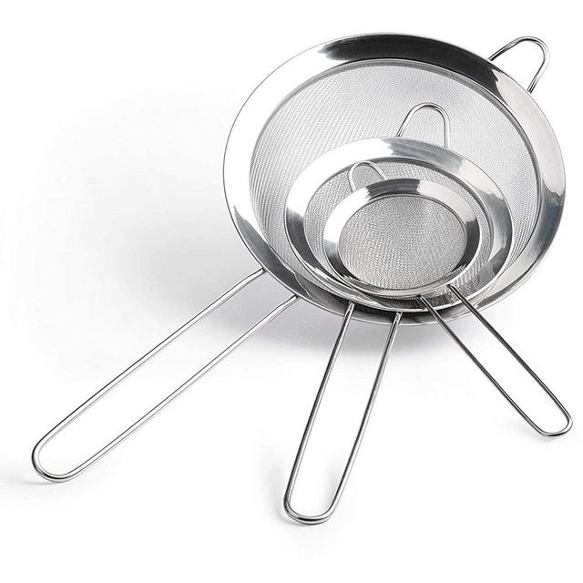 Wellehomi Premium Fine Mesh Strainers - Stainless Steel Kitchen Fine Sieves Strainers with Long Handles - Set of 3 for Baking and Cooking, Flour, Quinoa,Tea, Juice, Hot Pot, and So on