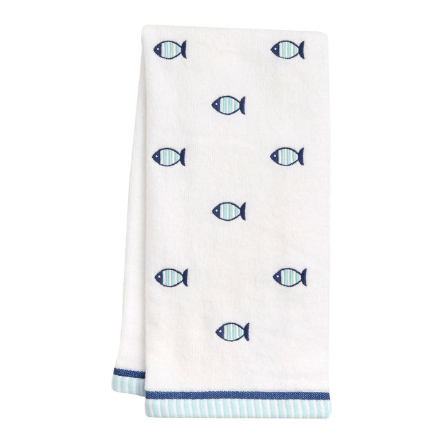 RITZ Summer Allover Fish Hand Towel Set, 2-Pack – Embroidered Check Velour Cotton Towels, 16" x 26"