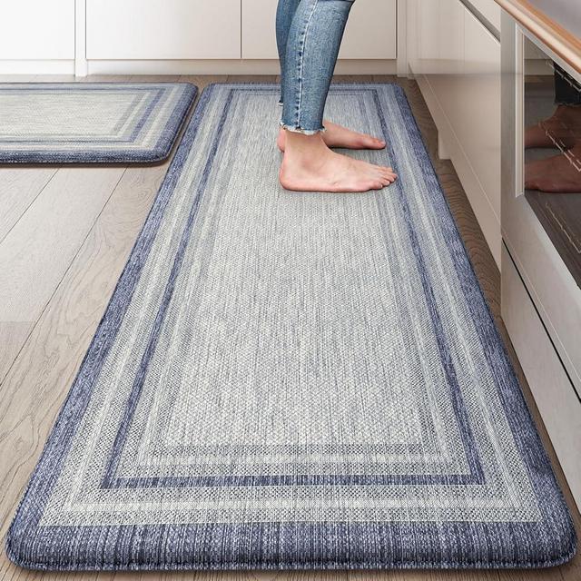KIMODE Anti Fatigue Kitchen Mats 2PCS, Non-Slip Waterproof Kitchen Rugs, Cushioned Kitchen Mat for Floor, Comfort Standing Mat for Sink, Laundry, Office, Desk Blue and Grey 20"x47"+20"x32"