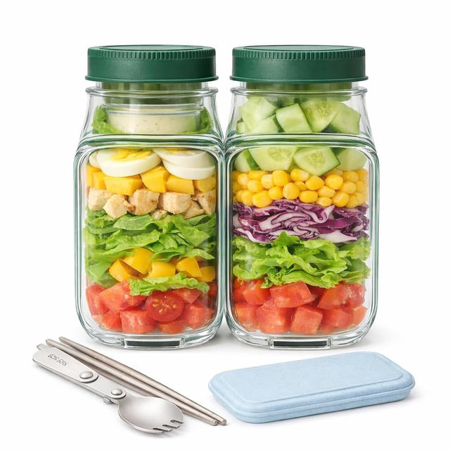 NUOREEL Salad Bowl Jar with Lid, Side Opening Salad Pod Lunch Solution, Free Food Grade Salad Container with Leakproof Dressing Cup, Meal Prep for Work, Gym,On The Go ((2PCS Salad Pod + Cutlery))