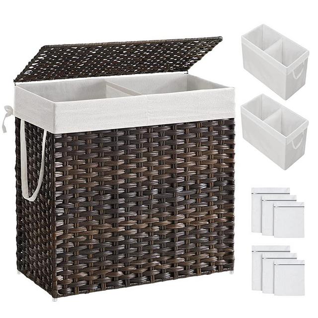 SONGMICS Laundry Hamper with Lid, 130L Laundry Basket with 2 Removable Liner Bags & 6 Mesh Bags, Poly Rattan Laundry Hamper, Double Laundry Hamper Bathroom, 13 x 26 x 23.6 Inches, Brown ULCB253K01