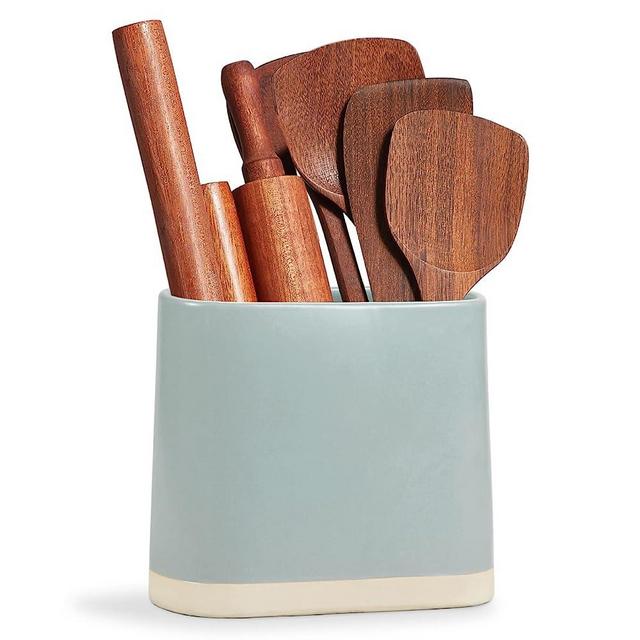 ONEMORE Ceramic Utensil Crock, Large Kitchen Utensil Holder for Countertop, Farmhouse Cooking Utensil Organizer with Cork Mat for Kitchen Counter, Oval Utensil Storage Caddy for Spatula, Light Blue
