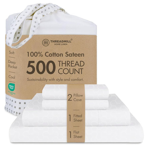 Threadmill 500 Thread Count Queen Size Sheets 4 Pc Luxury Cotton Bedding Set, Jacquard Floria Hotel White, Silky Smooth Sheets with 16" Elasticized Deep Pocket, 2 Pillowcases & Free Tote Bag