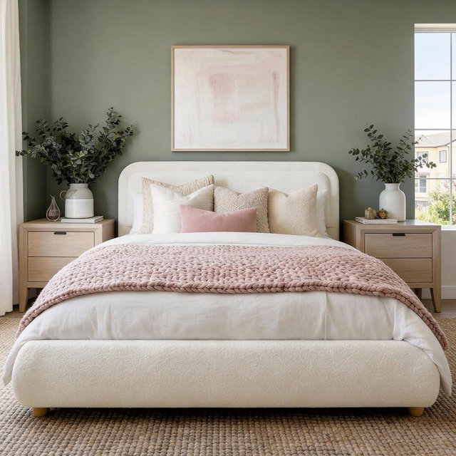 Brafab Cloud Queen Bed Frame, Boucle Upholstered Bedframe with Rounded Corners Headboard, Solid Wood Legs, Boho Soft Bedframe Easy Assembly, No Spring Box Needed, Beige
