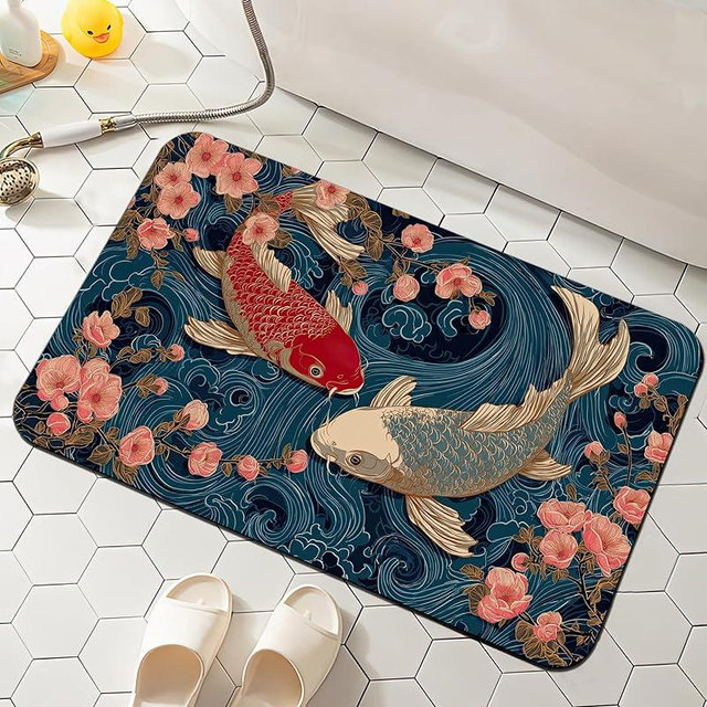 Koi Bath Mat, Japanese Waves Cherry Blossoms Bathroom Rugs, Absorbent Bath Rug Floor Rug Carpet for Bathroom Bathtub Bedroom Living Room, 17 x 29.5 Inches