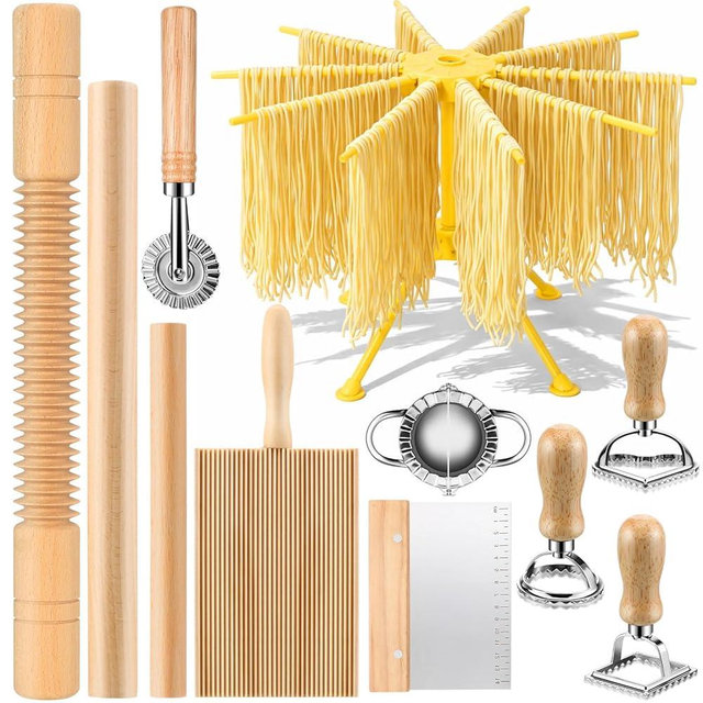 11 Pcs Pasta Making Tools Kit - Pasta Drying Rack, Gnocchi Board,Pasta Cutter, Ravioli Stamps, Wood Threaded Pasta Roller Pin Set, Noodle and Dumplings Maker