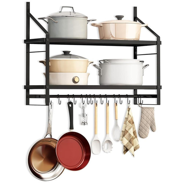 Caliee 30 Inch Pot Rack Wall Mounted, 2 Tier Mounted Hanging Rack for Kitchen Storage and Organization with 16 Hooks, Hanging Pot Rack for Pots and Pans Organizer
