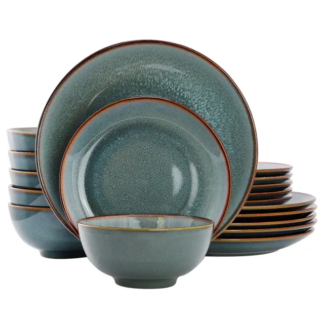 Elama Betty 18 Piece Stoneware Dinnerware Set in Blue with Brown Rim, Service for 6