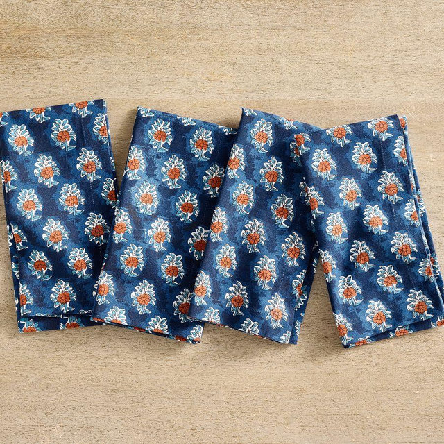 Amaya Block Print Organic Cotton Napkins, Set of 4 - Blue Multi