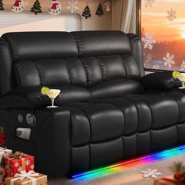 MOSGAT RV Loveseat Recliner Sofa, Reclining Loveseat Home Theater Seating with USB Ports, Cup Holders, Insert Pockets, Wall Hugger RV Recliners for Movie Room, Recline Movie Seats Gaming Sofa, Black