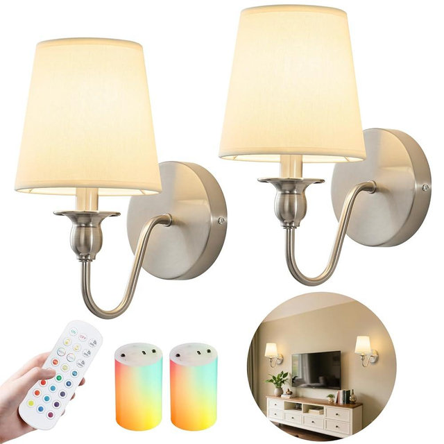 Battery Operated Wall Sconces set of Two,Rechargeable Wall Sconce with 1000mAh Dimmable Bulb and Remote,LED 15 Colors Wireless Battery Powered Wall Sconce with Fabric for Bedroom Living Room (Nickel)