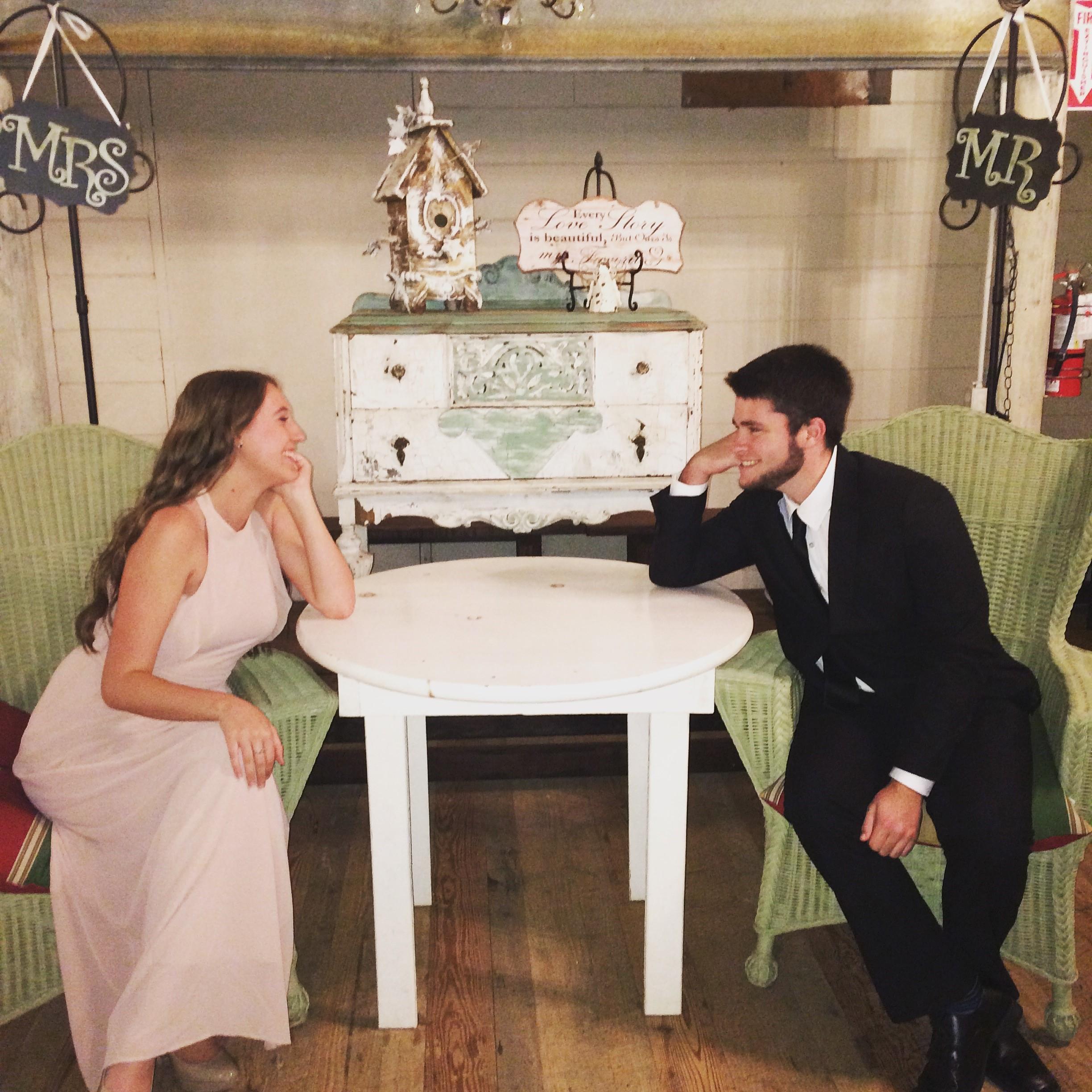 First sorority formal, took a pic sitting under the Mr. & Mrs. signs in case we'd want them in the future. Good thing we did :)