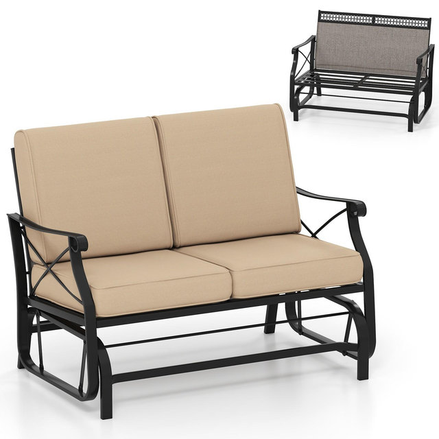 Costway Outdoor 2-Person Glider Rocking Chair Loveseat w/Thick Cushions & Metal Frame