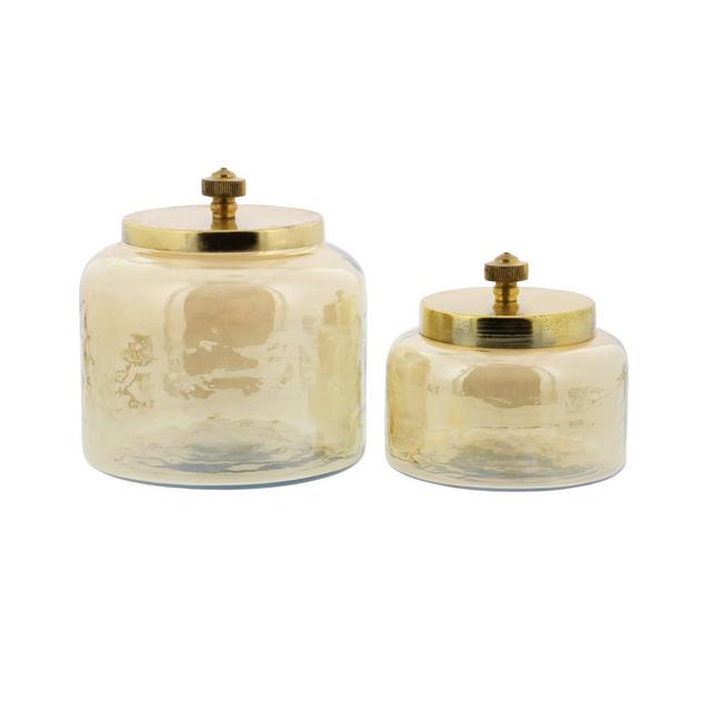 Round Iridescent Glass Jars with Complimenting Metal Lid, Set of 2