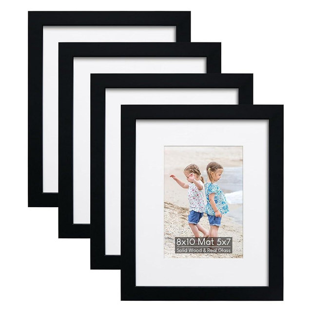 NWDCLF 8x10 Wooden Picture Frame Set of 4 (with 5x7 Mat), Solid Wood with Real HD Glass, for Tabletop or Wall Mount, Home Office Photo Frames Collage Wall Décor, Black