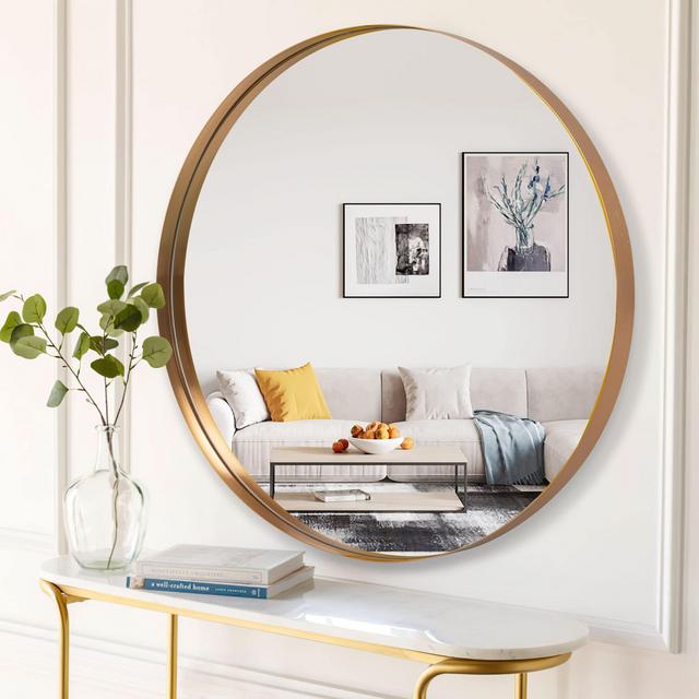 NeuType 28 inch Round Mirror Circle Mirrors for Wall, Gold Bathroom Mirror for Wall Round Mirrors for Bathroom Vanity, Wall Mounted Deep Set Aluminum Alloy Frame for Bathroom, Living Room, Bedroom