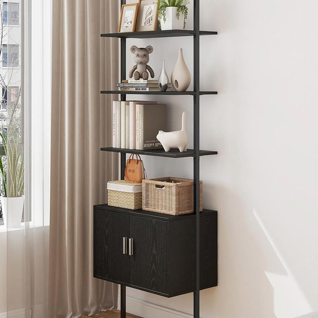 Yusong 73" Tall Bookshelf with Cabinet, Industrial Ladder Wall Mount Shelf Bookcase with Wood and Metal Frame, Plant Shelf Wall Storage Display for Living Room Bedroom, Black Wood Grain