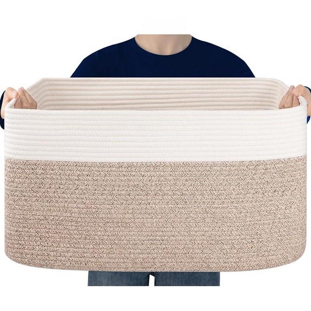 SIXDOVE Extra Large Laundry Basket, Cotton Rope Woven Blanket Basket for Living Room Storage, Nursery Basket for Toys in Baby Room, 21.7''×17''×12'', Brown and White