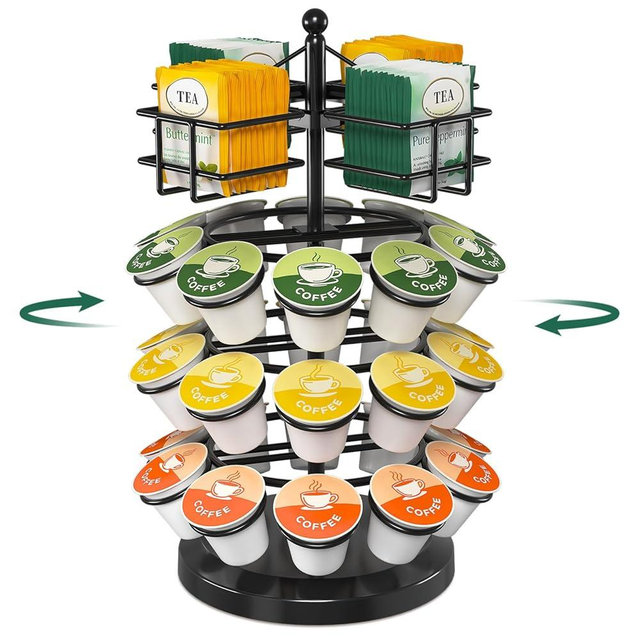 EsLuker.ly K Cup Holder Coffee Pod Organizer Carousel for Countertop, Rotatable Metal 4-Tier Storage Rack Stand for 30 K Cups & Tea Bags, Convenience Meets Elegance