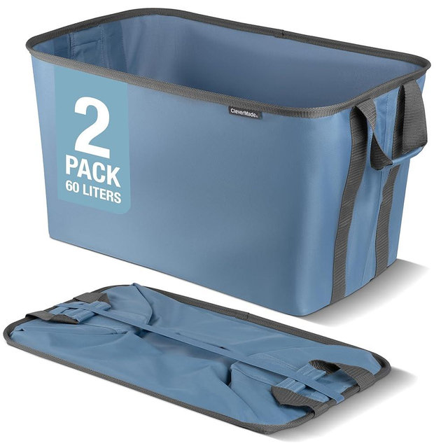 CleverMade Collapsible Laundry Baskets, Denim/Shadow Gray 2PK - 60L (16 Gal) Foldable Laundry Basket with Sturdy Pop-Up Wire Frame and Carry Handles - Space-Saving Collapsible Hamper