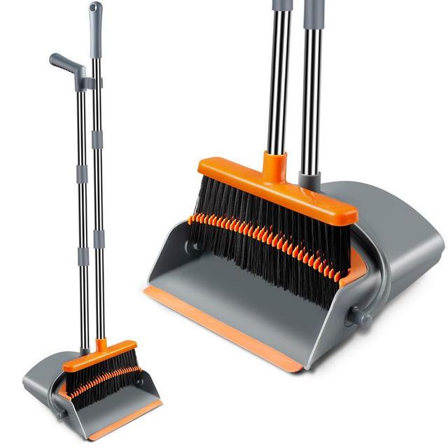 Extendable Broom and Dustpan Set, Durable Foldable Lobby Broom and Upright Dust pan Combo with Long Handle, Ideal for Kitchen, Home and Indoor Use by Kelamayi (Gray Orange)
