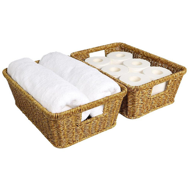Wicker Storage Basket Water-resistant: Easy-Clean Stackable Baskets for Pantry, Kitchen,Rectangle Basket for Shelf,Tan,2-pack