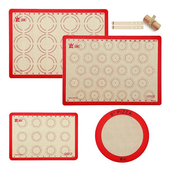 4-Piece Silicone Baking Mat Set,GUANCI 2Pcs 16-1/2"x11-5/8"Rolling Macaron Baking Mat&1Pcs 11-3/4x8-1/4"Reusable Baking Mat&1Pcs 9"Round Pizza Baking Mat for Rolling Macaroon/Pizza/Cookie Making