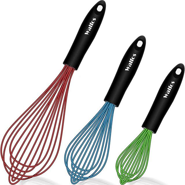Walfos Silicone Whisk, Stainless Steel Wire Whisk Set of 3 Heat Resistant Kitchen Whisks for Non-stick Cookware, Balloon Egg Beater Perfect for Blending, Whisking, Beating, 3PK of Red,Blue,Green