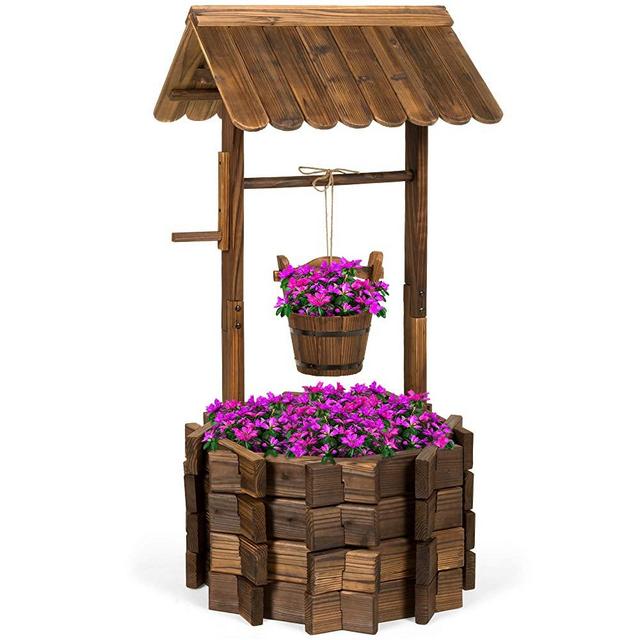 Best Choice Products Rustic Outdoor Wooden Wishing Well Planter Home Décor w/Hanging Bucket