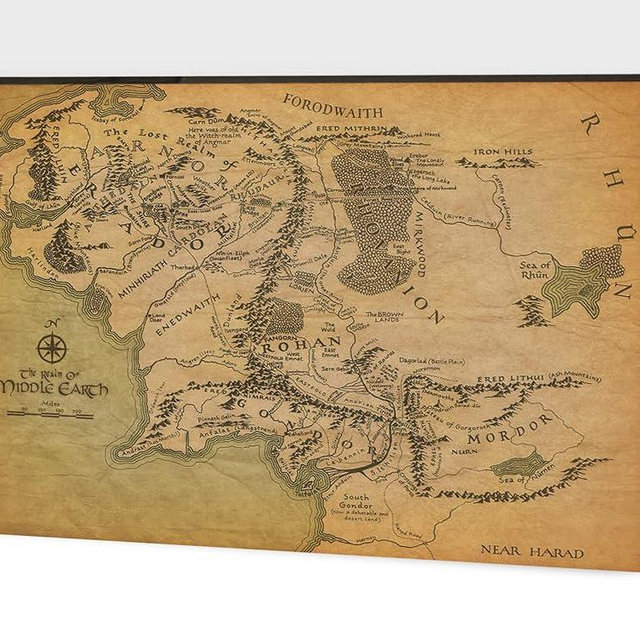 World Map Canvas Wall Art, The Rings Map Canvas Prints, Middle Earth Map Painting Picture for Living Room Wall Decor, Vintage World Map Poster Framed Artwork for Home - Room Wall Decor (18x12 Inches)