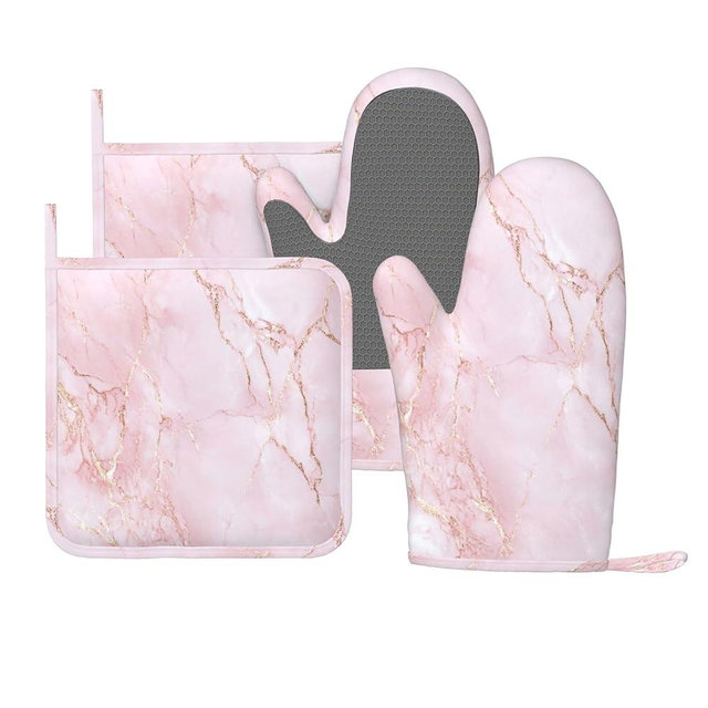 Oven Mitts and Pot Holders Light Pink Marble Art Silicone Kitchen Accessories Set of 4 Heat Resistant Long Gloves Potholder Non-Slip Grip for Chef Cooking Baking Grilling BBQ