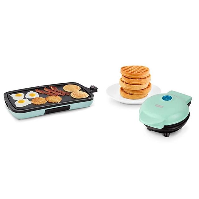 DASH Deluxe Everyday Electric Griddle, 20” x 10.5”, 1500-Watt - Aqua & DMW001AQ Mini Maker for Individual Waffles, Hash Browns, Keto Chaffles with Easy to Clean, Non-Stick Surfaces, 4 Inch, Aqua