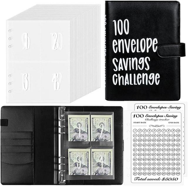 EASTVIO 100 Envelopes Money Saving Challenge Binder, Saving Challenge Book with Cash Envelopes Kit, A5 Budget Planner to Save $5,050,Black