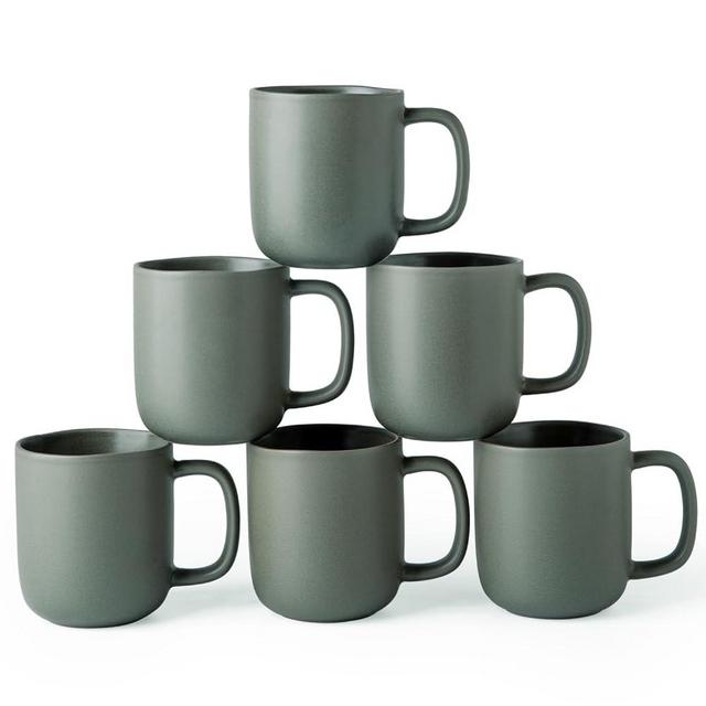 AmorArc 14oz Coffee Mugs Set of 6, Ceramic Coffee Mugs with Large Handle & Wavy Rim for Latte/Hot Cocoa/Tea, Stylish Coffee Mugs for Men Women. Dishwasher&Microwave Safe, Matte Greenish-Gray