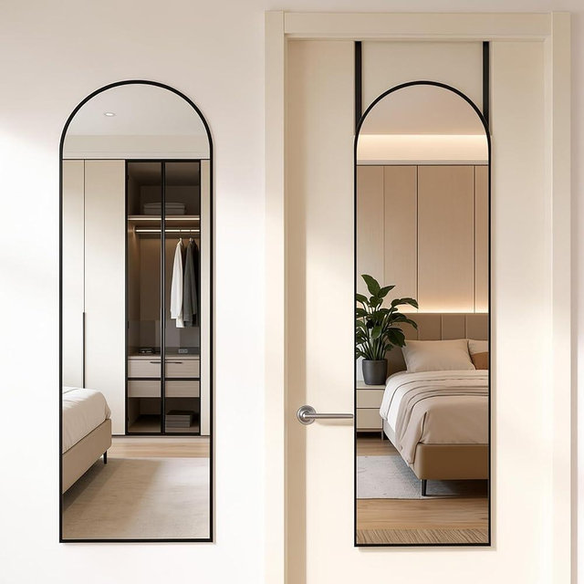 DUMOS 47x14 Inch Arched Full Length Mirror Over the Door, Wall Mounted Full Body Mirror, Door Hanging Metal Aluminum Alloy Frame Dressing Mirrors for Bedroom, Living Room, Entryway, Black