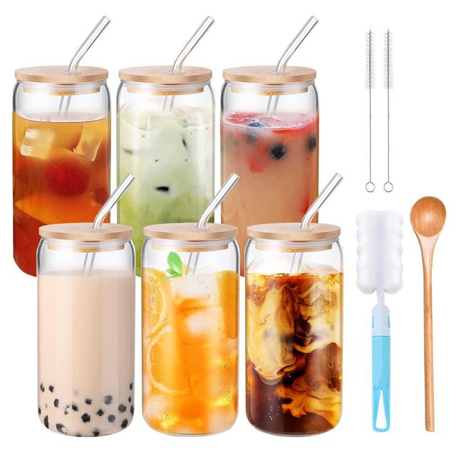 Glass Cups with Lids and Straws 6 Cups, 6 Bamboo Lids 6 Glass Straws, 2 Straw Cleaner, 1 Stirring Spoon for Iced Coffee or Tea and Foam Cup Cleaner | All in One Bundle for Iced Coffee or Tea Drinker