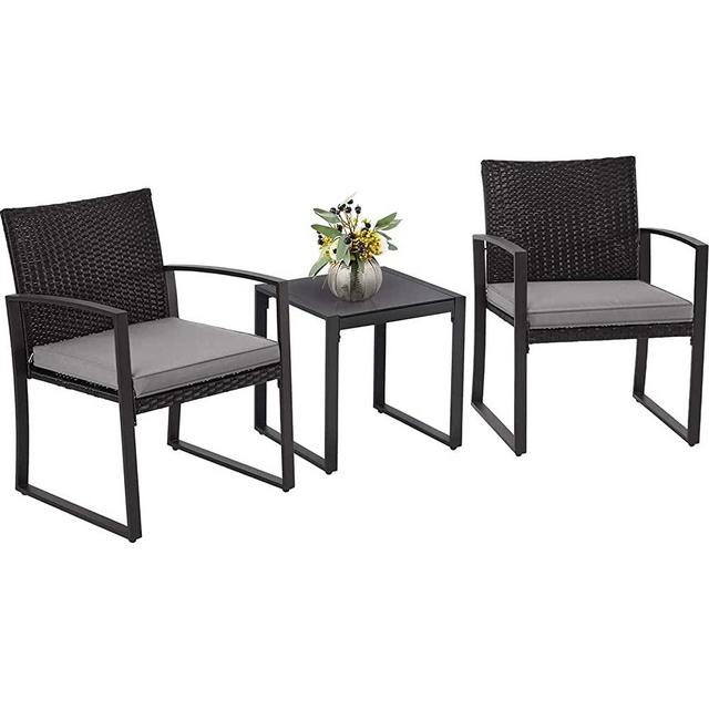 Oakmont 3 Pieces Patio Furniture Set Outdoor Wicker Conversation Set Modern Bistro Set Black Rattan Balcony Chair Sets with Coffee Table for Yard and Bistro(Grey)