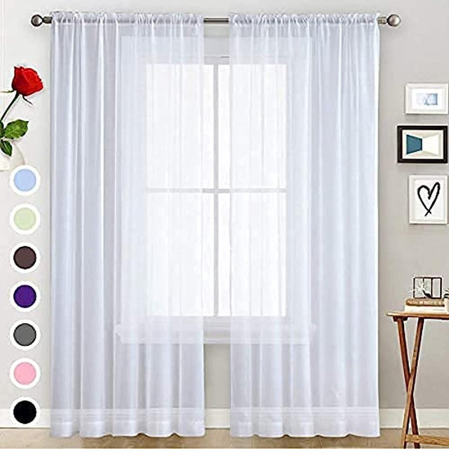 SpaceDresser Basic Rod Pocket Sheer Voile Window Curtain Panels White 1 Pair 2 Panels 52 Width 84 Inch Long for Kitchen Bedroom Children Living Room Yard(White,52 W x 84 L)