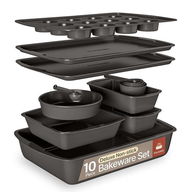 Gray 10-Piece Bakeware Sets, Nonstick Carbon Steel Baking Sheet & Pans, Stackable Space-Saving Bakeware, Dishwasher Safe, Stain-resistant, PFOAPFOSPTFE Free, Oven Safe Up To 450°F (230°C)