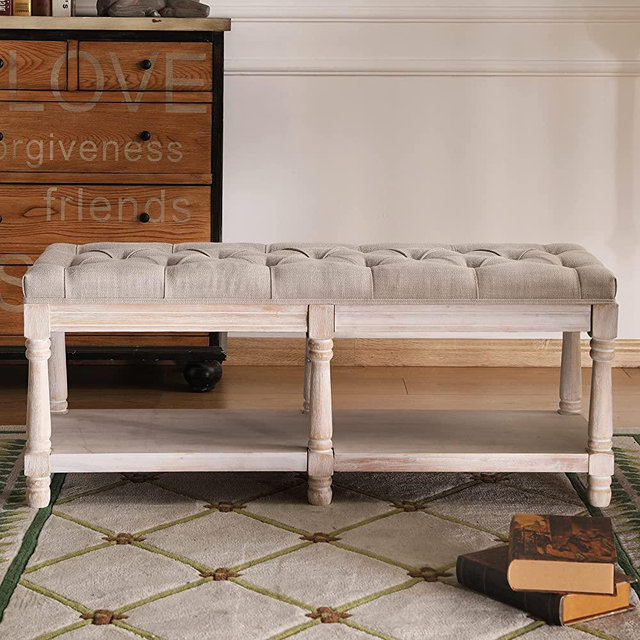 Janoray Farmhouse Storage Bench Wooden Entryway Upholstered Tufted Ottoman Bench for Bedroom End of Bed Hallway Organizer, Beige
