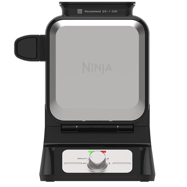 Ninja Belgian Waffle Maker Pro | Vertical Design | 5 Shade Settings with Precision-Pour Cup & Chef-curated Recipe Guide | Black & Silver | BW1001