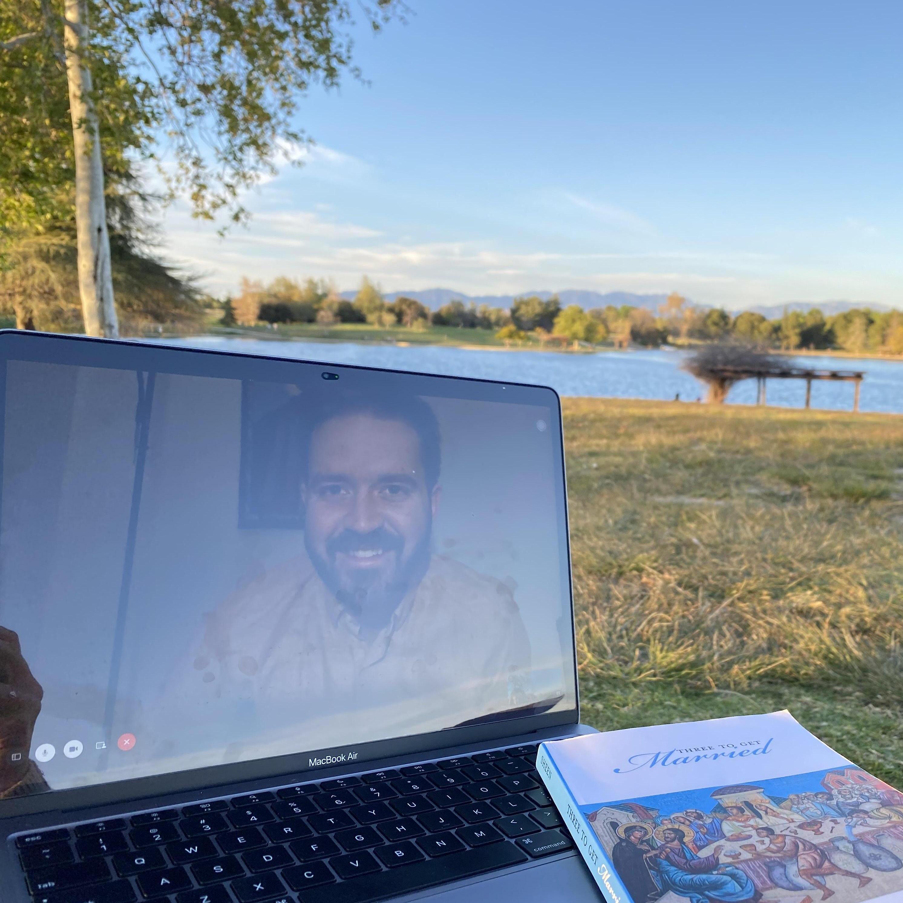 Getting creative on a zoom date again! The book pictured is "Three to Get Married" by Fulton Sheen, a must read for engaged couples!