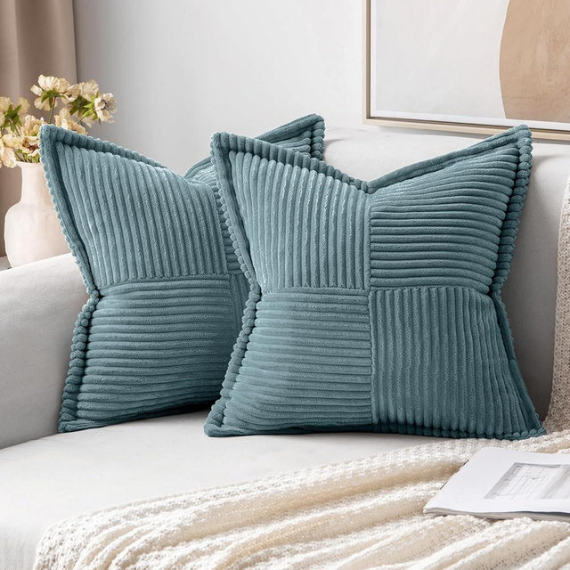 MIULEE Dusty Blue Pillow Covers 18x18 inch Set of 2 Super Soft Decorative Striped Corduroy Pillow Covers with Splicing Broadside Boho Couch Pillowcases for Sofa Cushion Livingroom Bedroom
