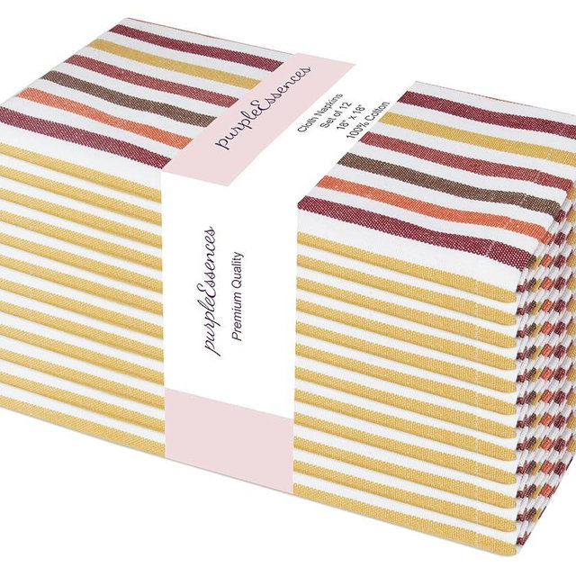 PurpleEssences Plain Striped Cloth Napkins - Set of 12-100% Cotton - 18 x 18 Inch - Fall Thanksgiving - Perfect Everyday Use Dinner Napkin - Fall